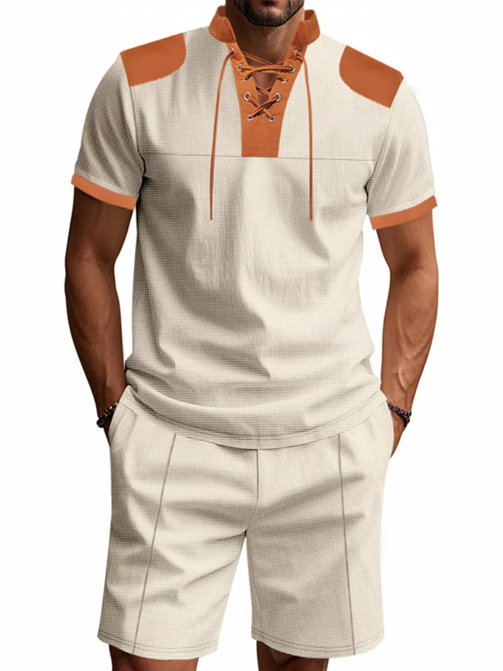 Men's Full Size Lace-Up Collar Casual Top and Shorts Set Plus Size, image 14