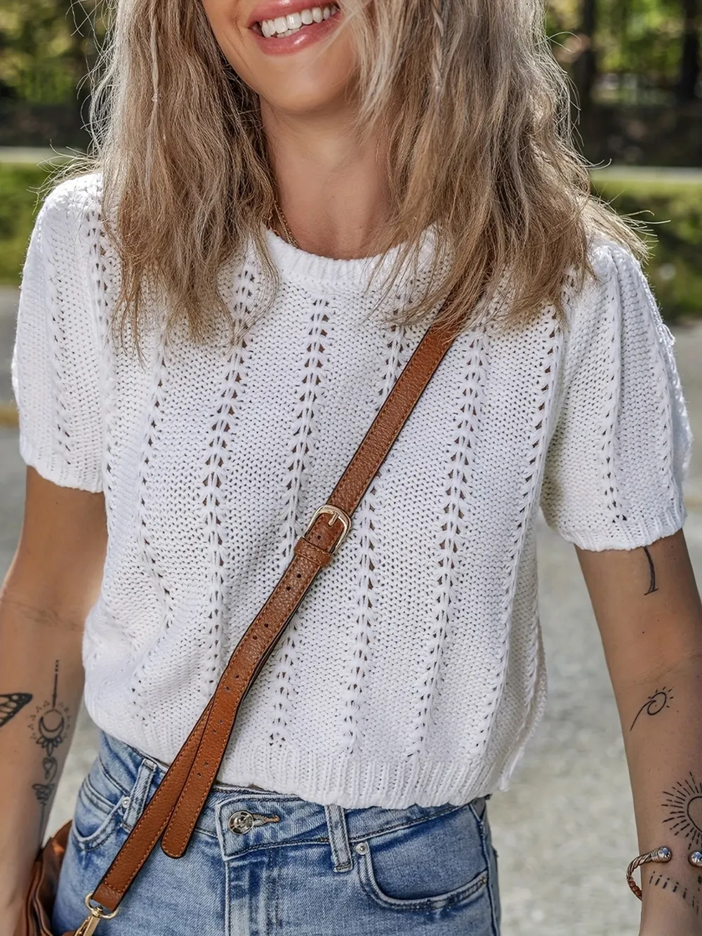 Openwork Round Neck Short Sleeve Sweater, image 4