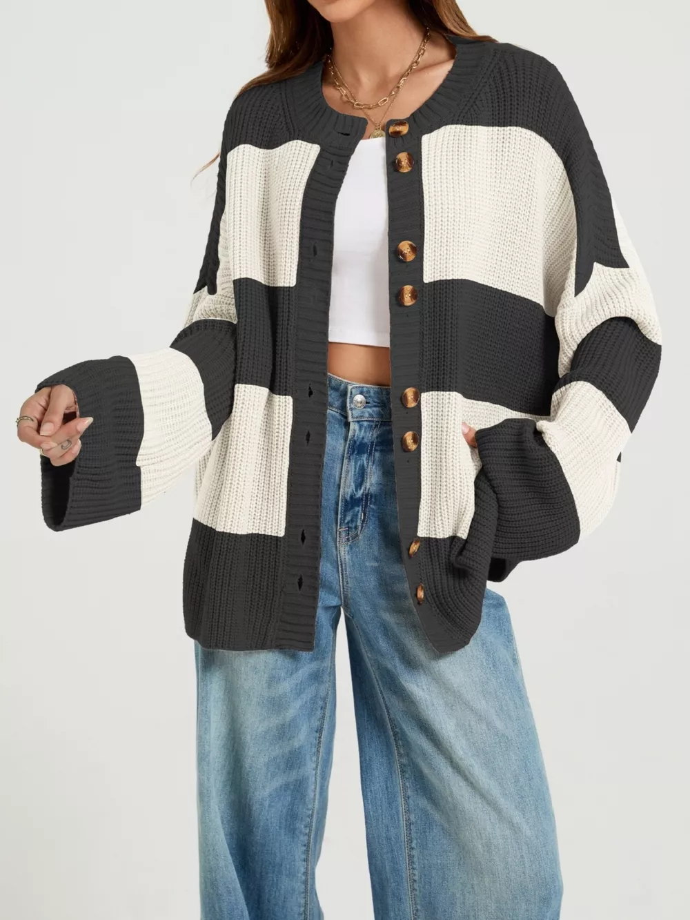 Color Block Striped Button-Up Cardigan, image 5