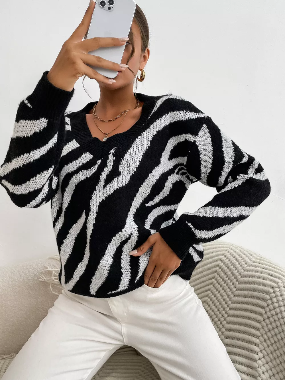 Zebra Print Relaxed Fit Pullover Sweater, image 3