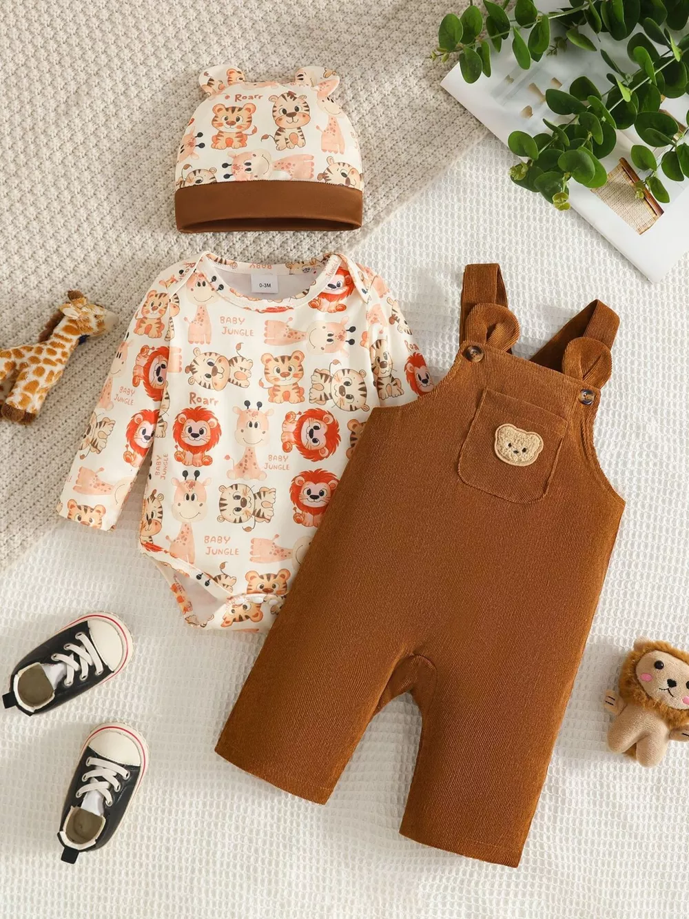 Children's Corduroy Overall and Animal Print Long Sleeve Top Set with Hat, image 3