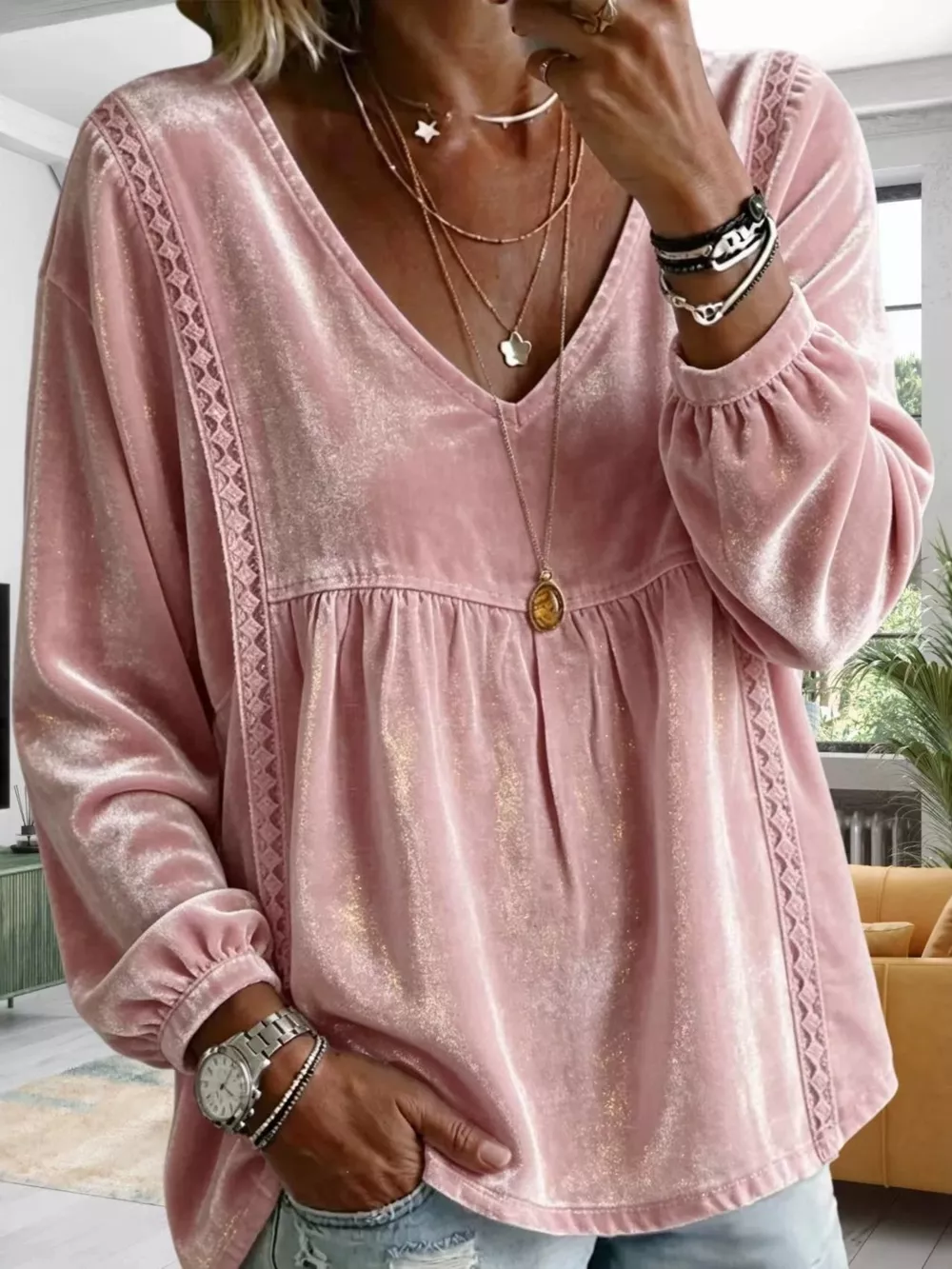 Full Size Velvet Lace Detail V-Neck Blouse Plus Size, image 15