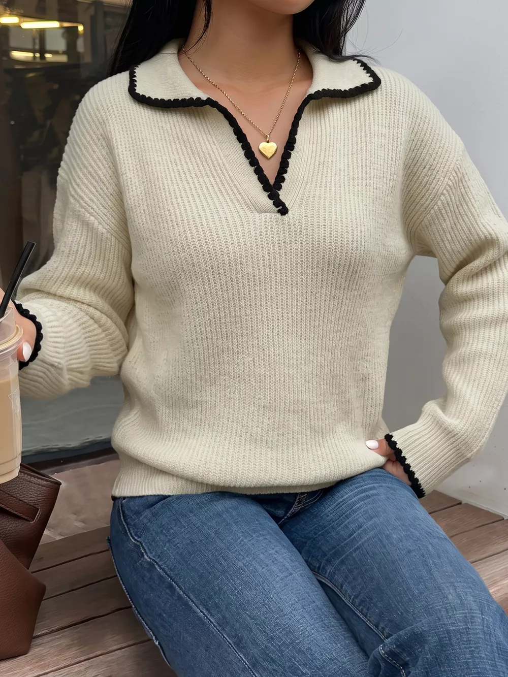 Contrast Trim Dropped Shoulder Sweater, image 2