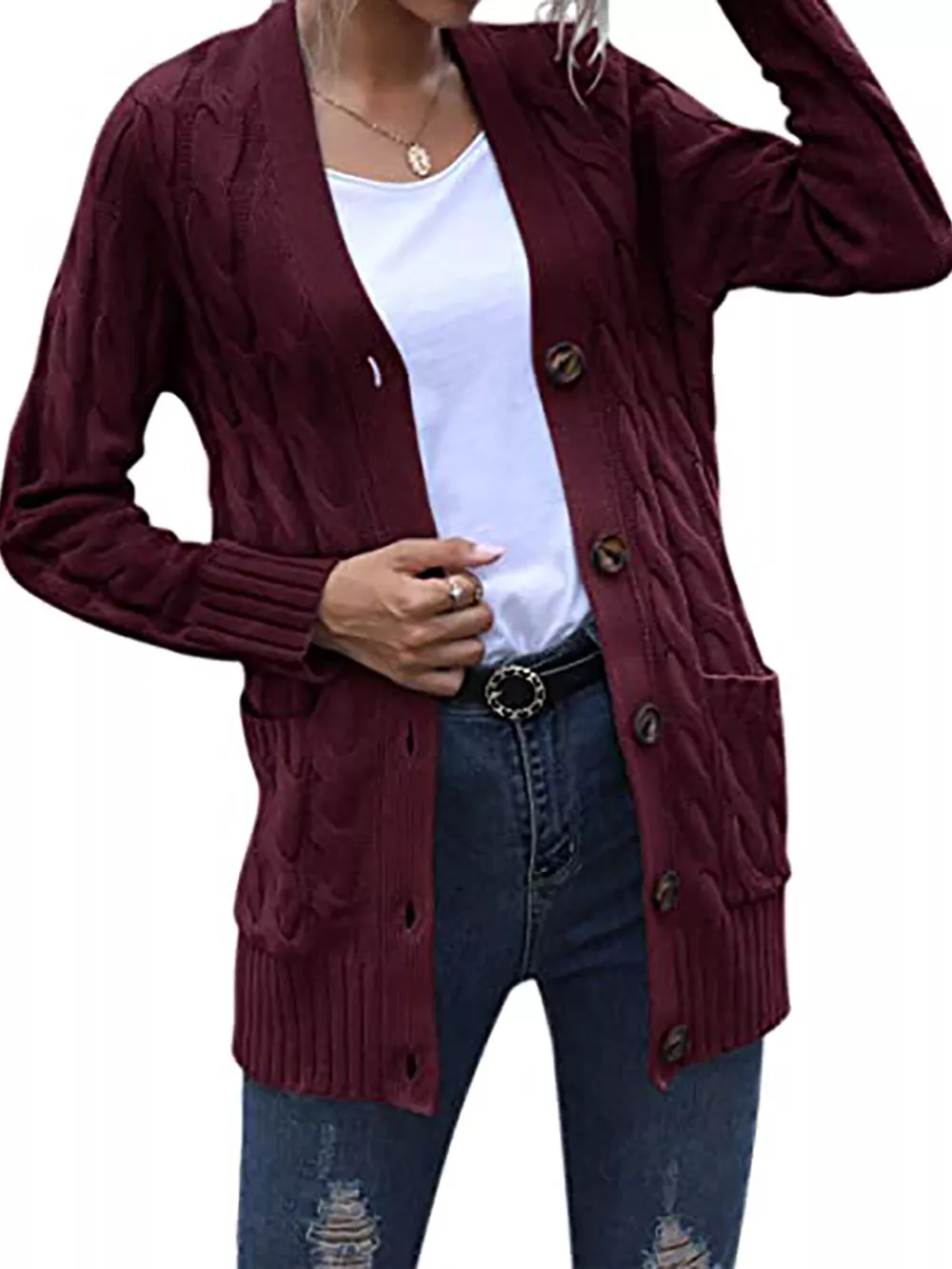 Full Size Chunky Cable Knit Button-Down Cardigan Plus Size, image 3