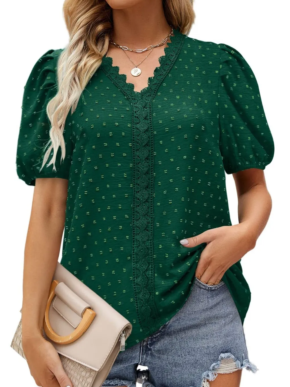 Puff Sleeve Swiss Dot Lace Trim Blouse, image 21