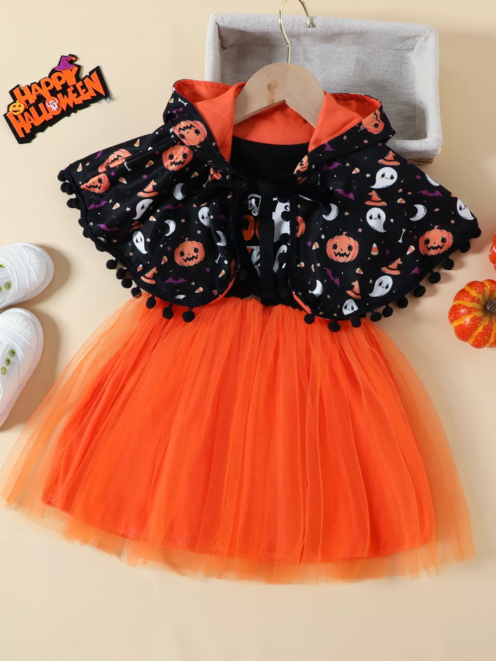 Children's Halloween Ghost Graphic Dress and Hooded Cape Set, image 2