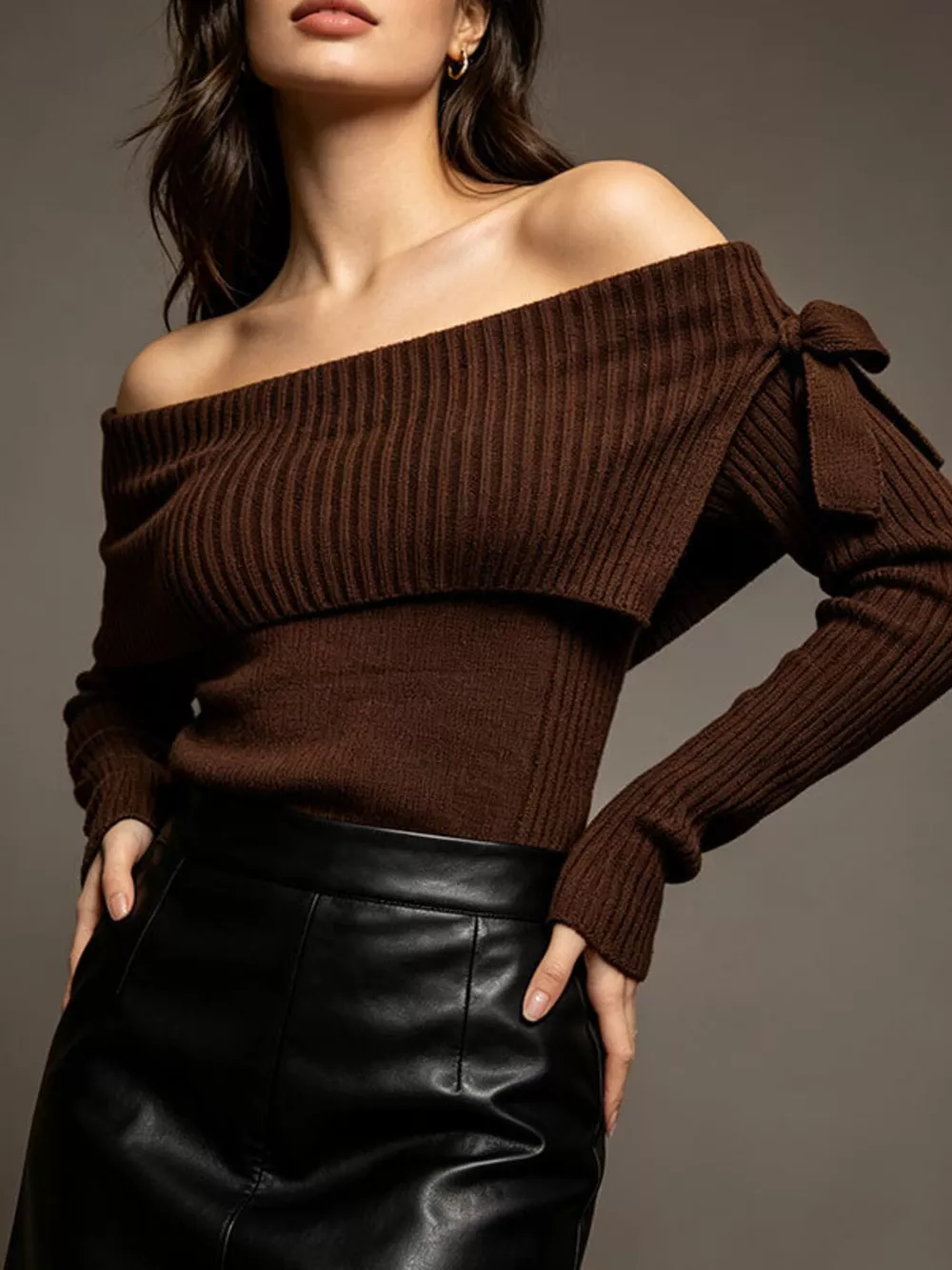 Off-Shoulder Ribbed Knit Top, image 2