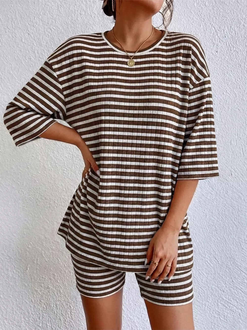 Striped Round Neck Top and Shorts Set, image 17