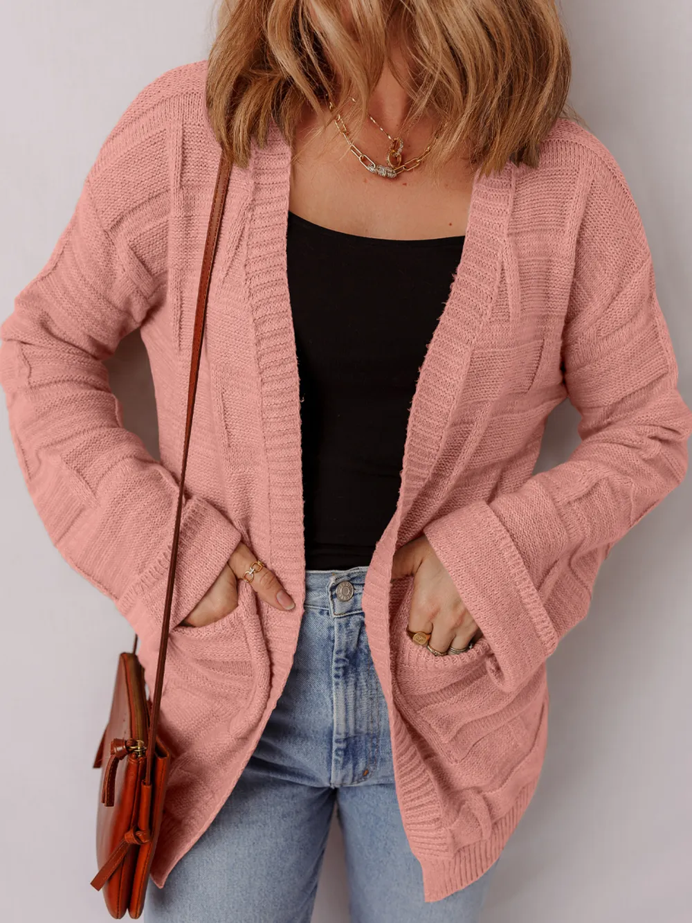 Textured Knit Open Front Cardigan with Pockets, image 16