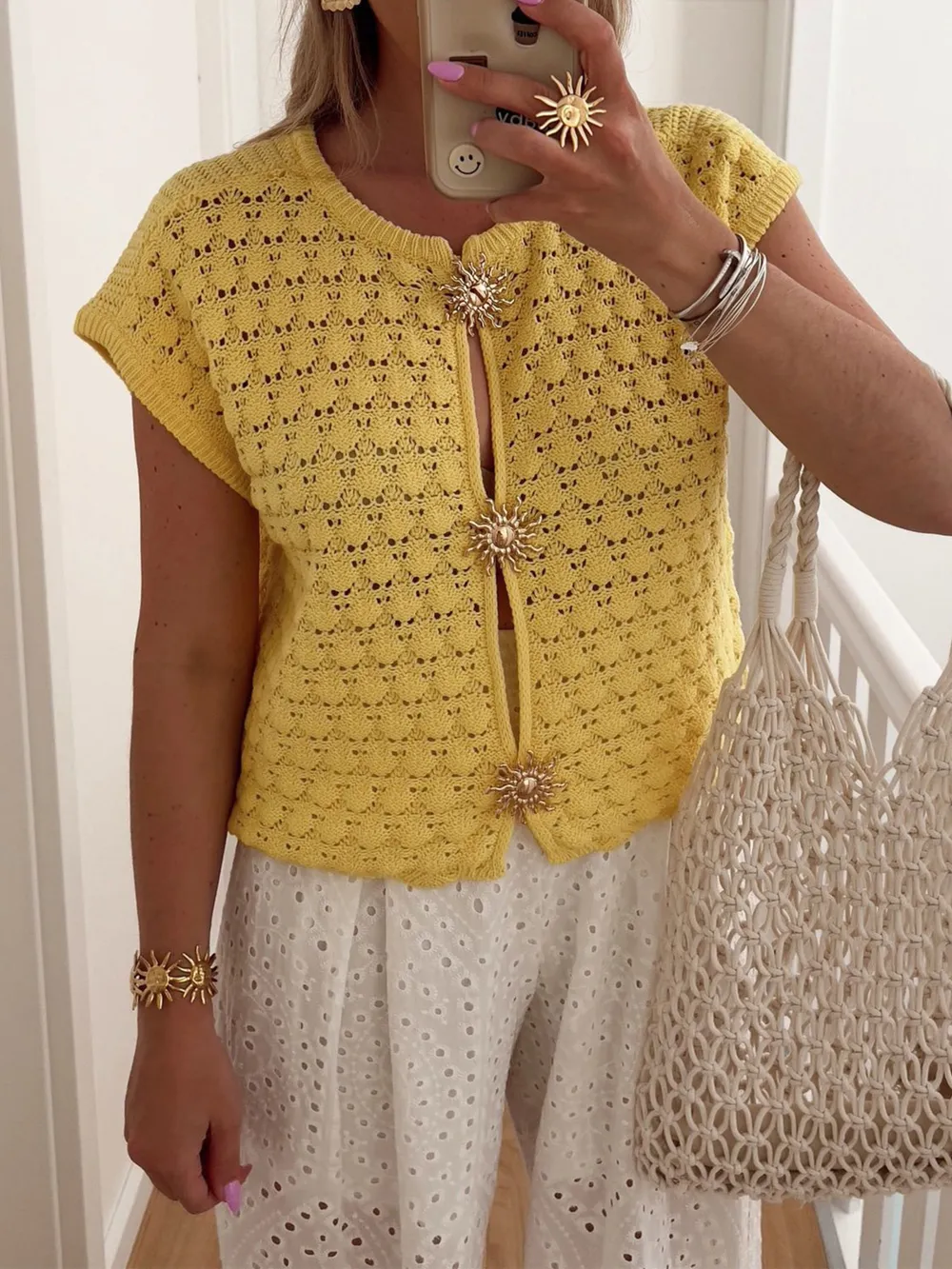 Crochet Short Sleeve Button Front Cardigan, image 5