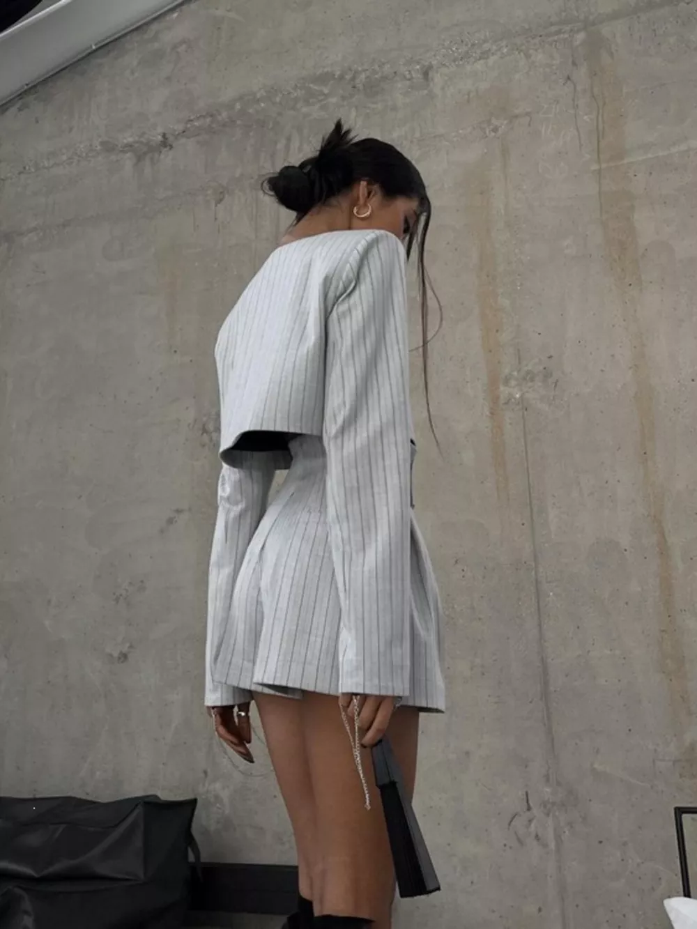 Pinstripe Cropped Blazer and Pleated Shorts Set, image 5