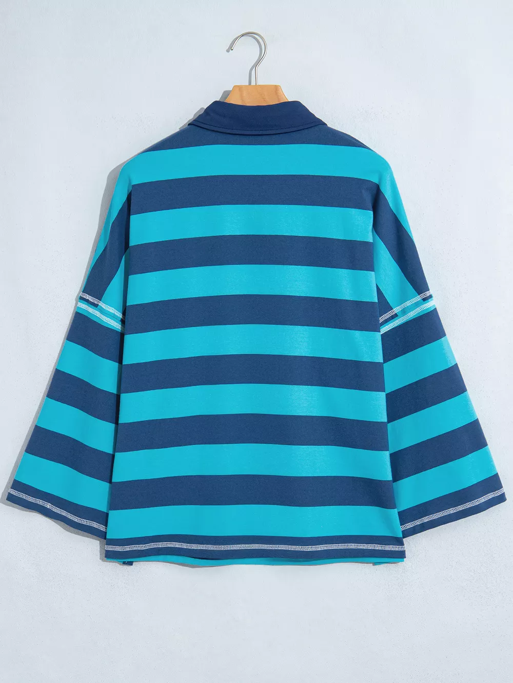 Stripe Contrast Polo Collar Bracelet Sleeve Loose Top, image 3