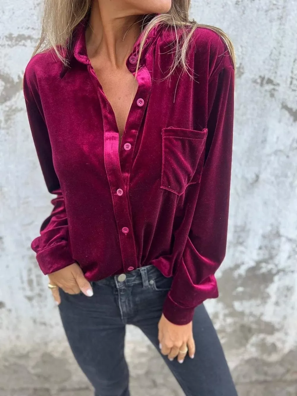 Full Size Velvet Button-Up Long Sleeve Shirt Plus Size, image 9