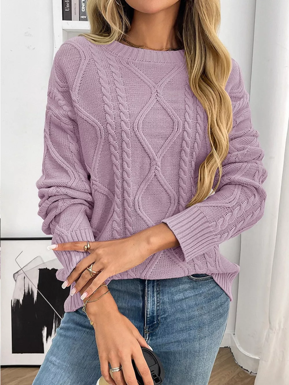 Cable Knit Round Neck Long Sleeve Sweater, image 9