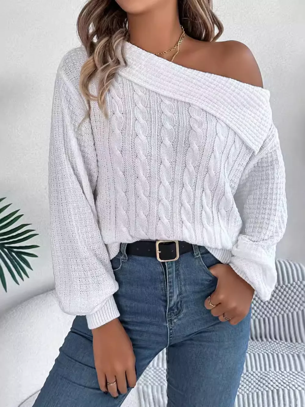 One Shoulder Cable Knit Sweater, image 2