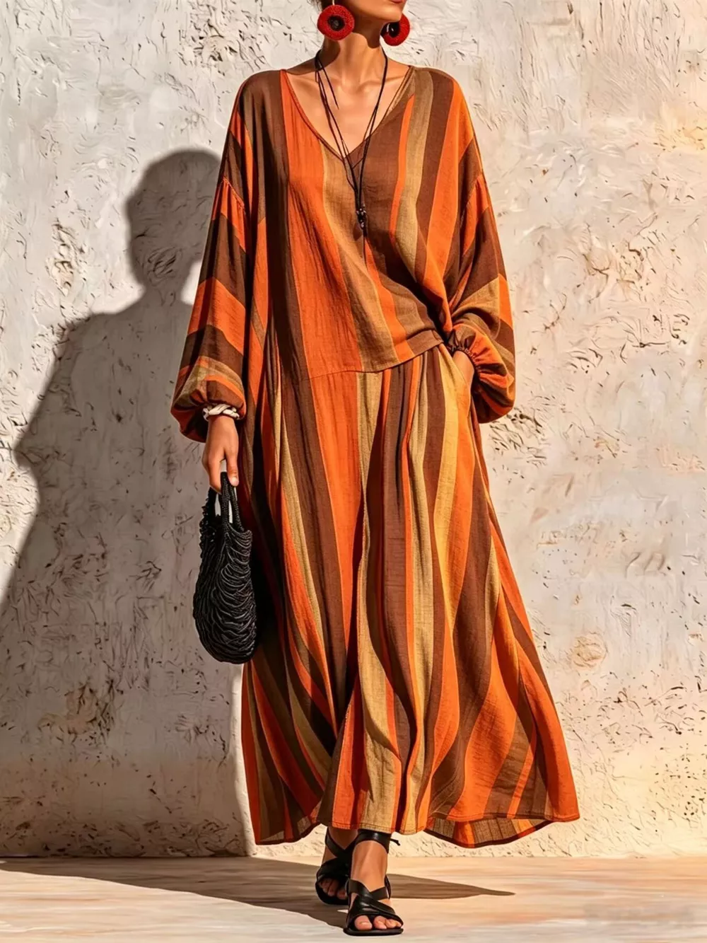 Bohemian Striped V-Neck Loose Top and Wide Leg Pants Set, image 7
