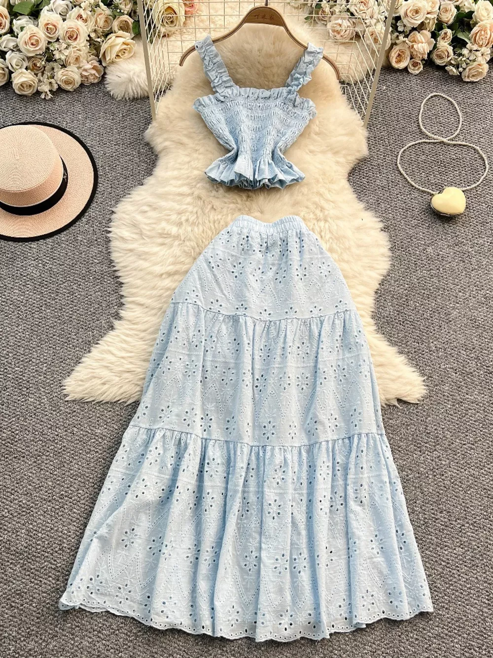 Smocked Crop Top and Hollow-Out Skirt Set, image 17