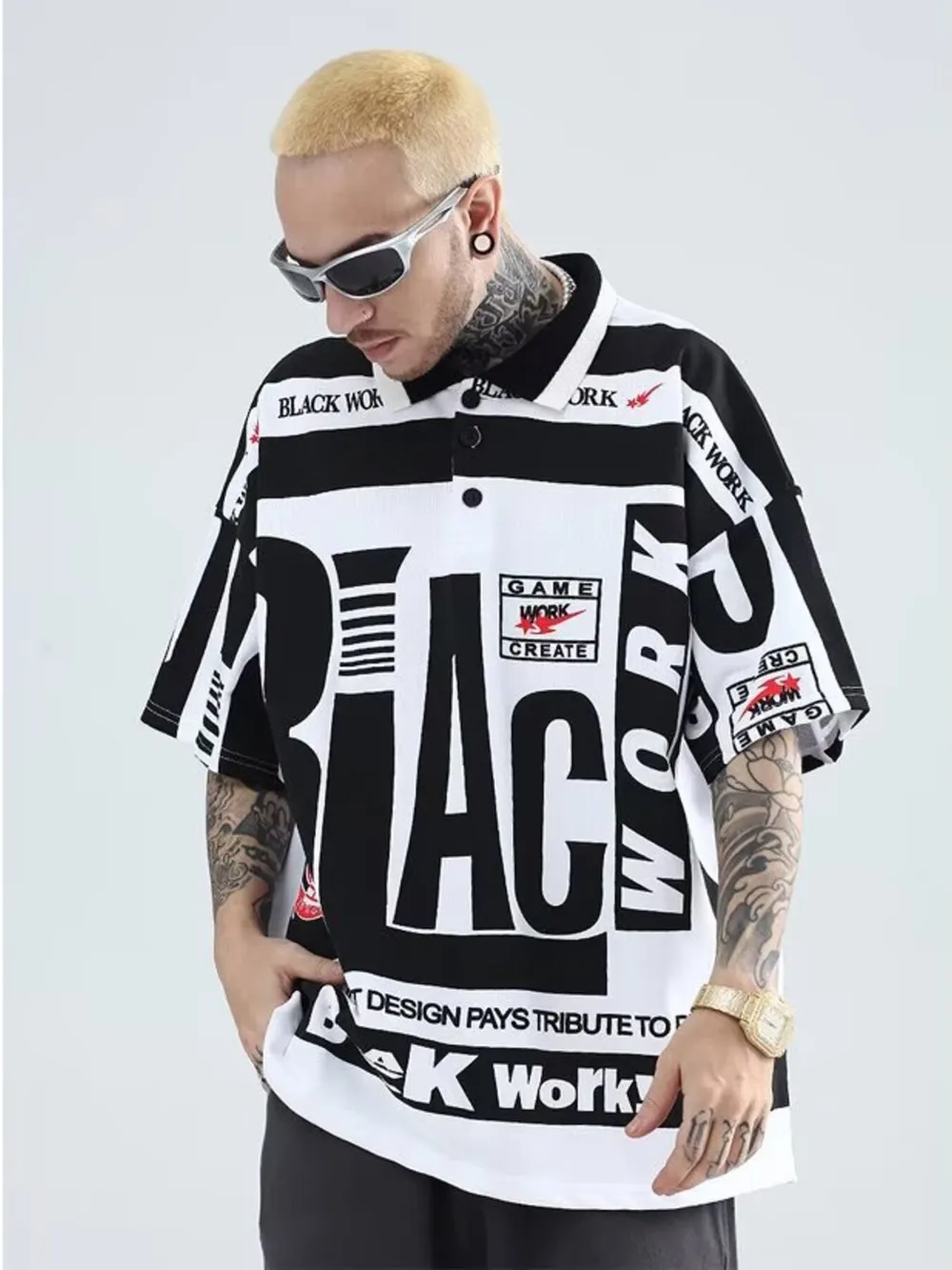 Men's Plus Size Letter Print Half Sleeve Polo Shirt, image 3