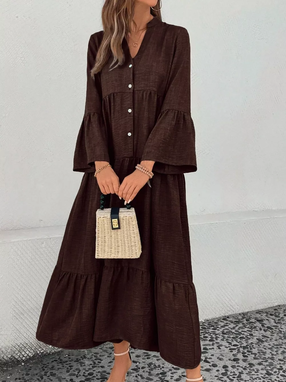 Ruffle Hem Button Front Tiered Dress, image 19