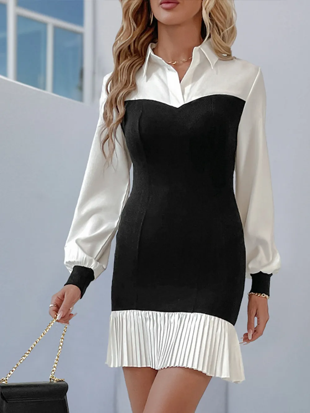 Two Tone Pleated Long Sleeve Shirt Dress, image 7