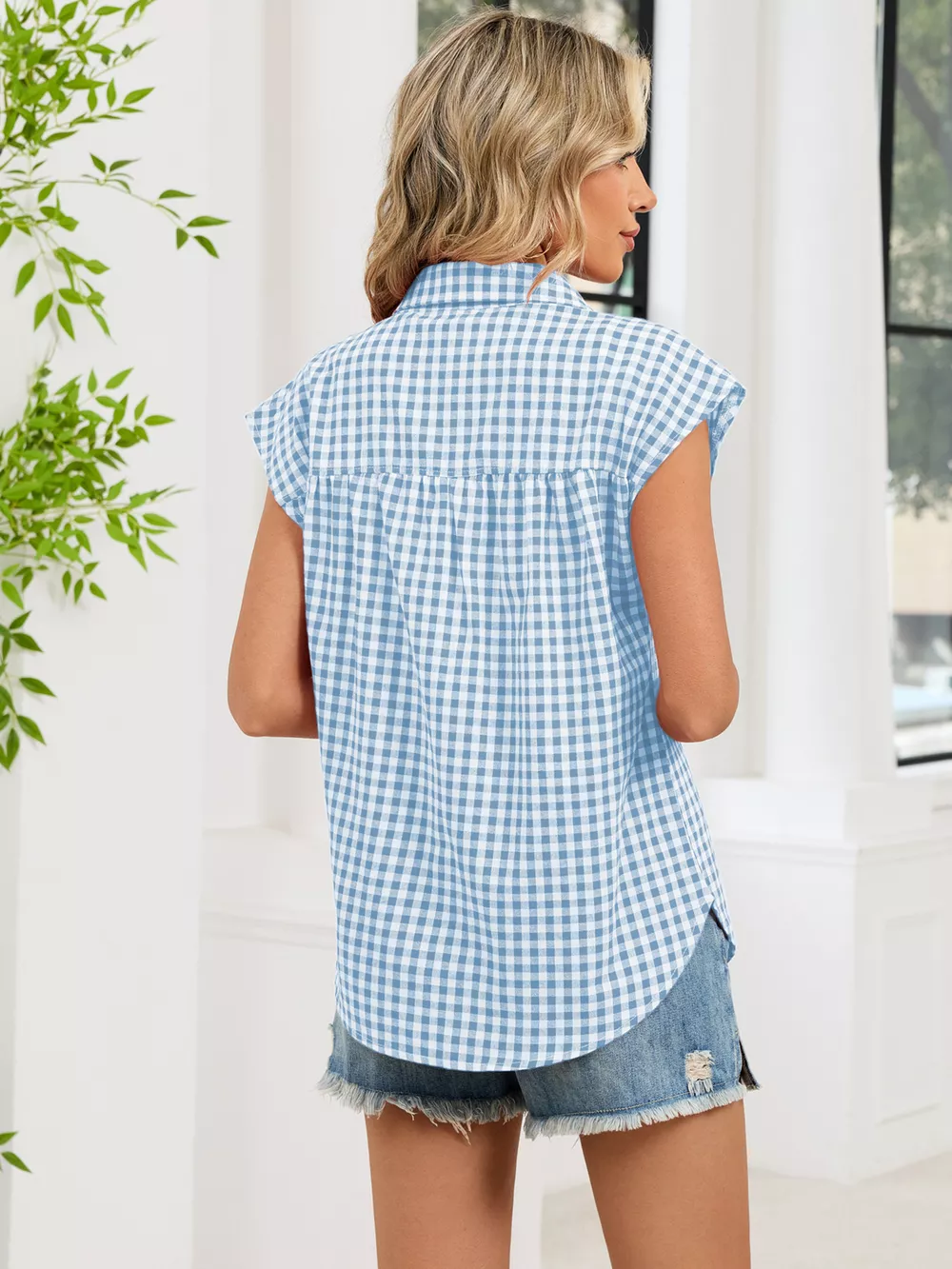 Plaid Button Up Cap Sleeve Shirt, image 14