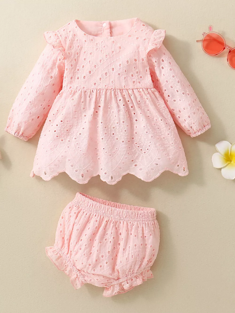Children's Eyelet Embroidered Ruffled Top and Shorts Set