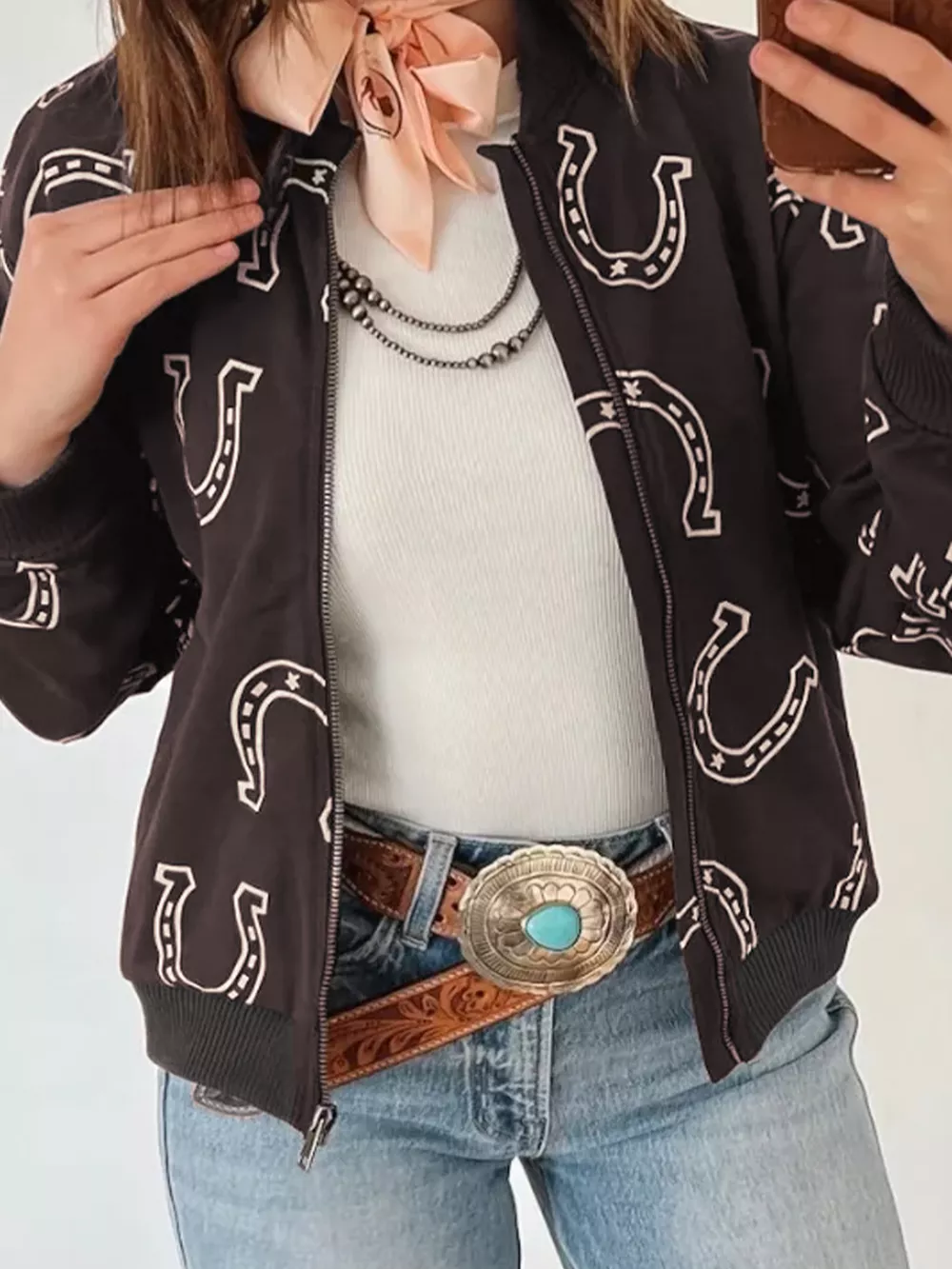 Horseshoe Print Zip-Up Bomber Jacket, image 3