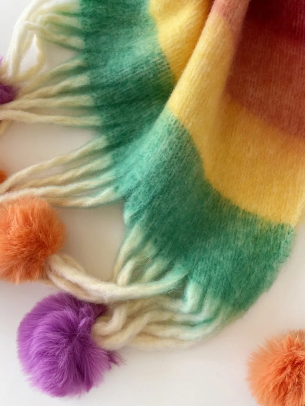 Rainbow Striped Fuzzy Scarf with Pom-Poms, image 3