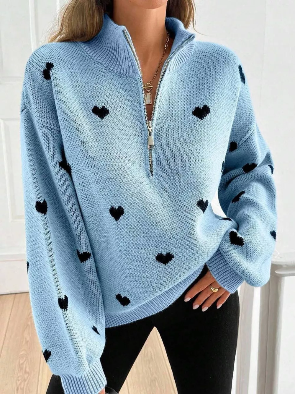 Full Size Heart Half-Zip Long Sleeve Sweater Plus Size, image 9