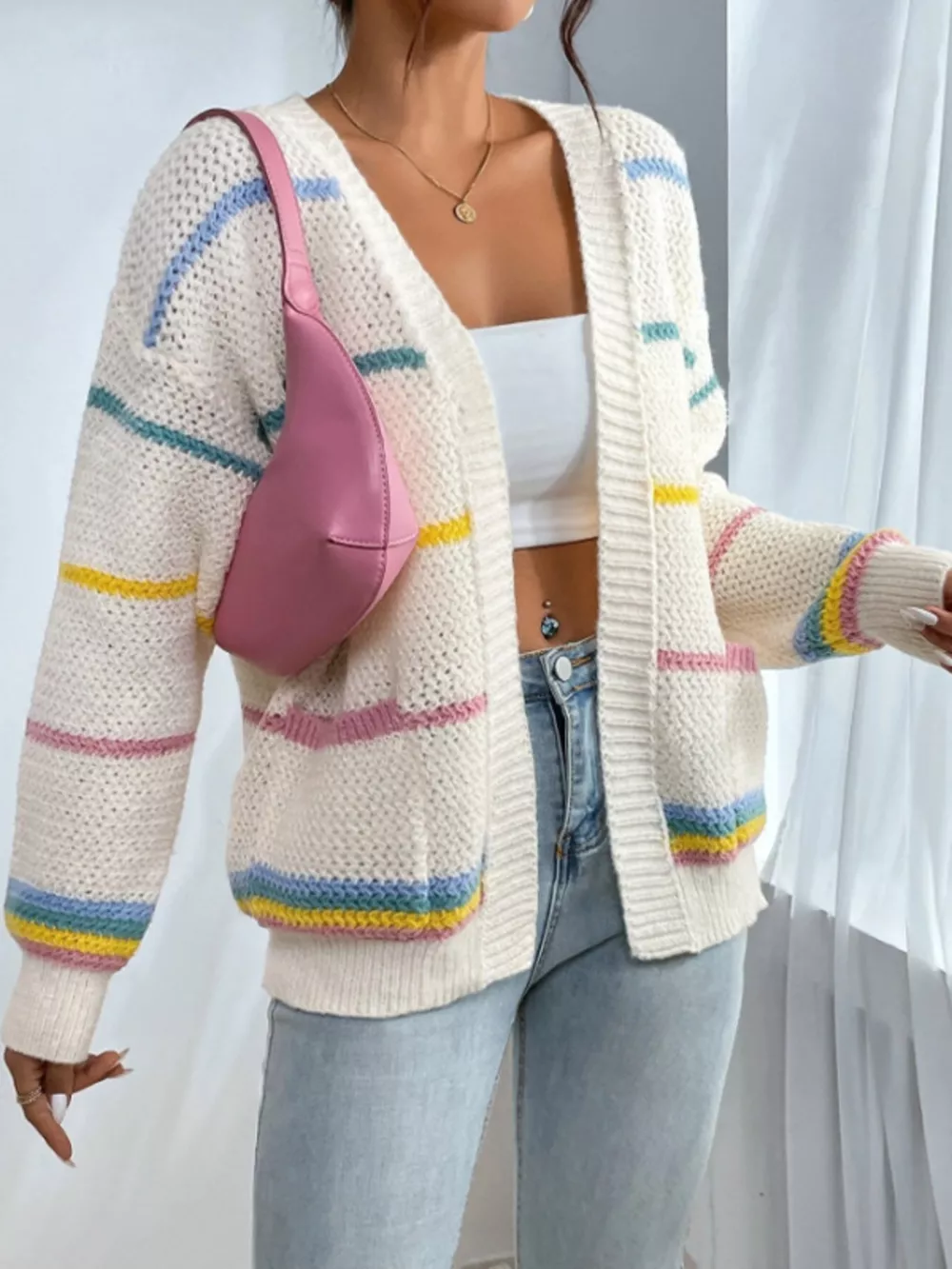 Striped Open Front Knit Cardigan, image 5