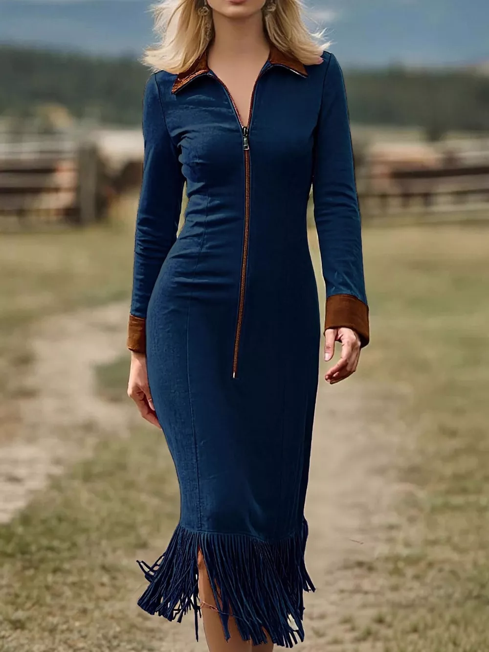 Full Size Fringe Hem Zip Front Midi Dress Plus Size, image 2