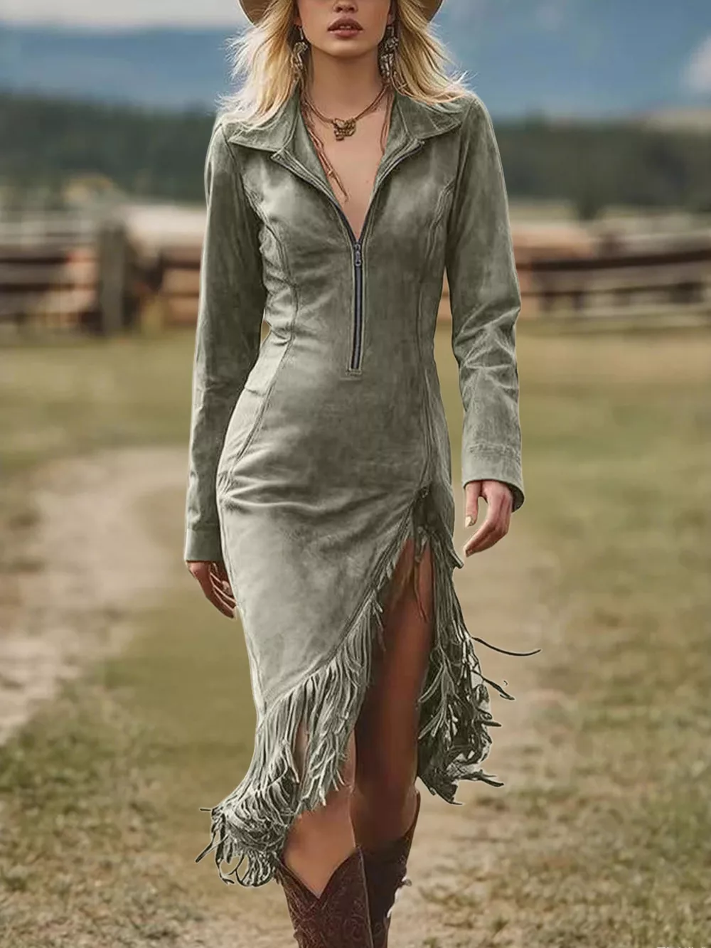 Full Size Fringe Hem Zip Front Bodycon Dress Plus Size, image 12