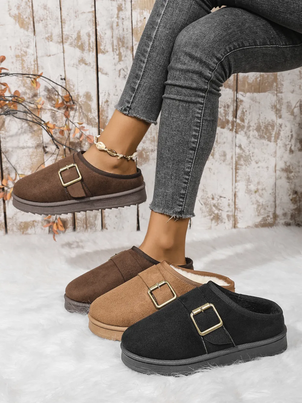 Cozy Buckle Suede Winter Slippers, image 2