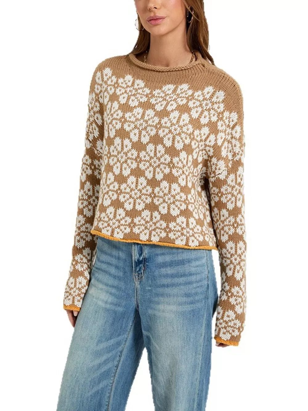 Floral Contrast Trim Dropped Shoulder Sweater, image 6
