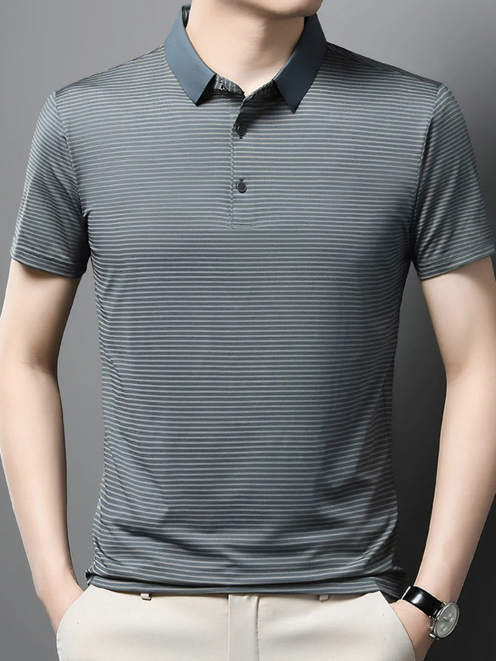Men's Plus Size Classic Striped Business Casual Polo Shirt