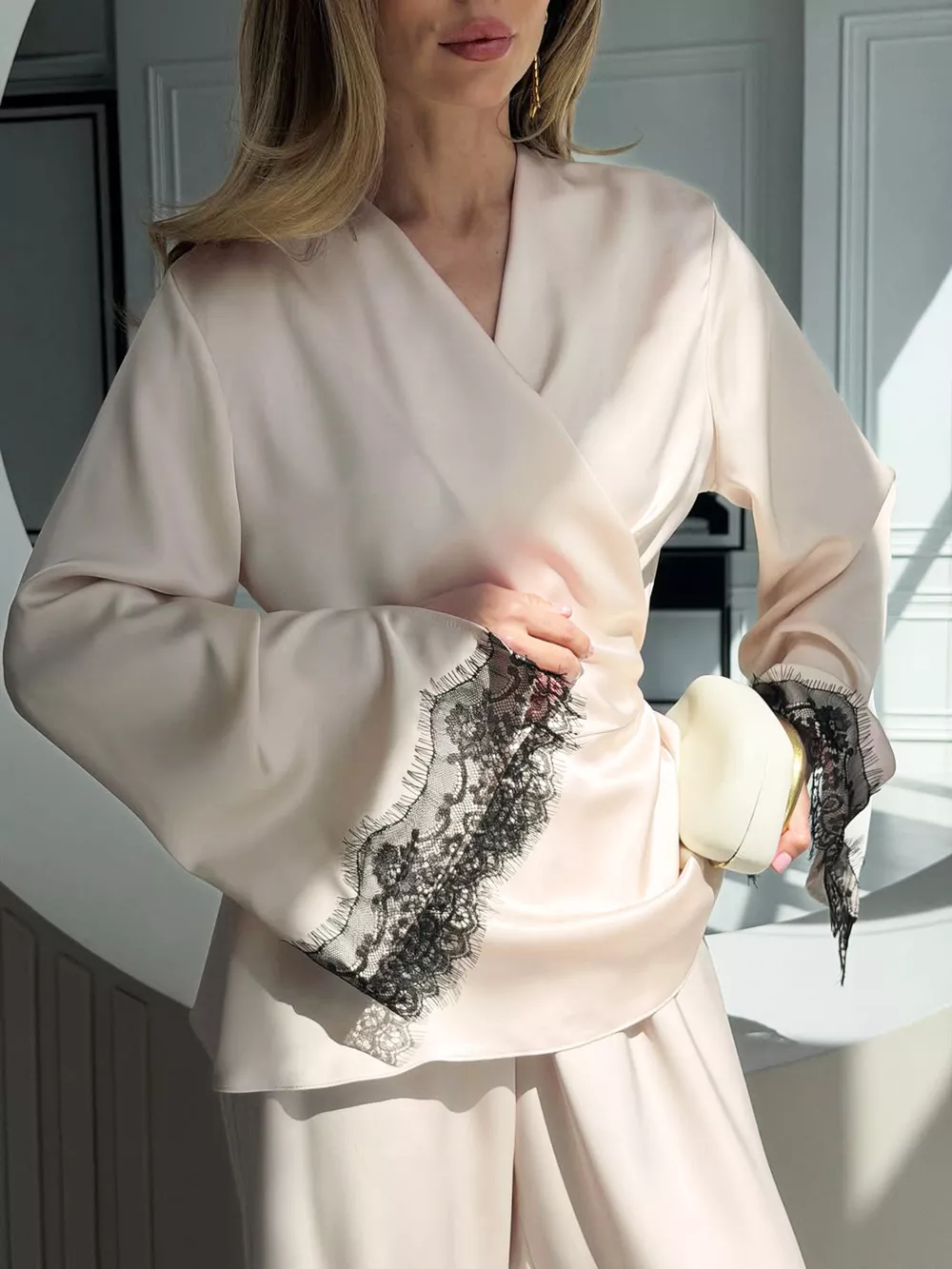 Lace Trim Wrap Top and Pants Set, image 2