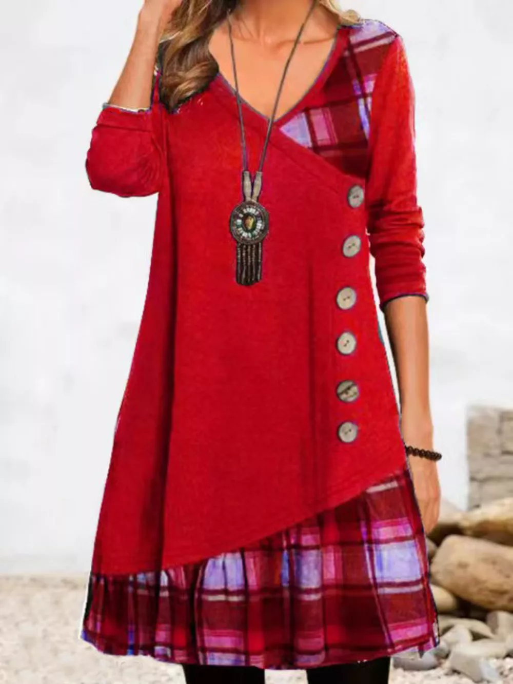 Full Size Asymmetrical Plaid Patchwork Long Sleeve Dress Plus Size, image 8