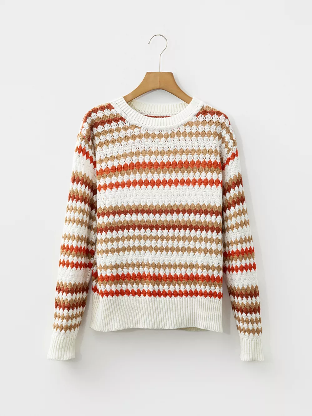 Stripe Eyelet Patterned Drop Shoulder Sweater, image 9