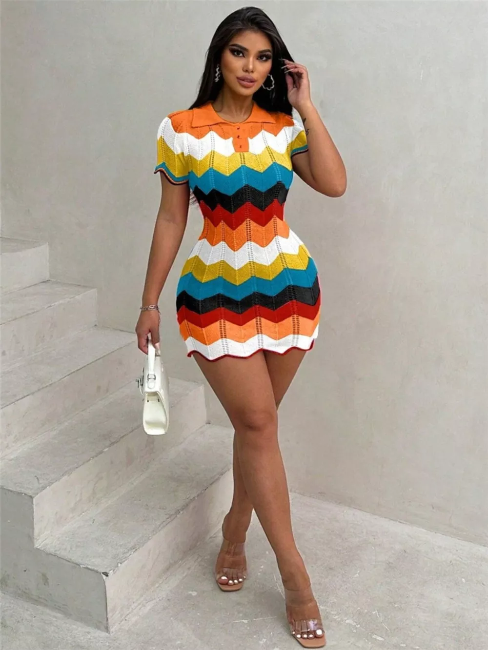 Chevron Knit Short Sleeve Sweater Dress, image 9