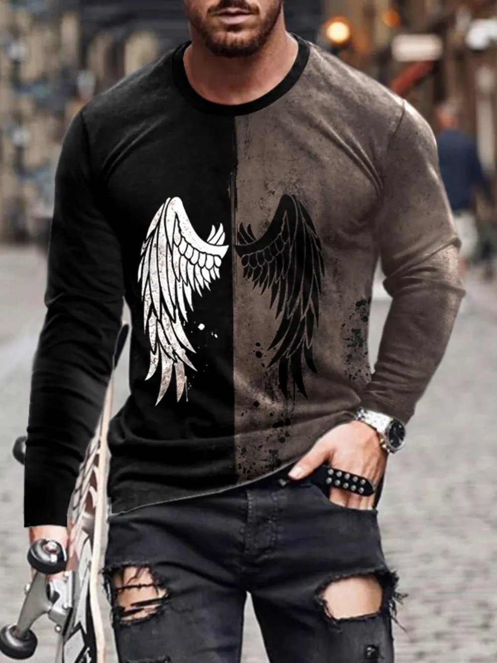 Men's Full Size Split-Color Wing Graphic Long-Sleeve T-Shirt Plus Size, image 4