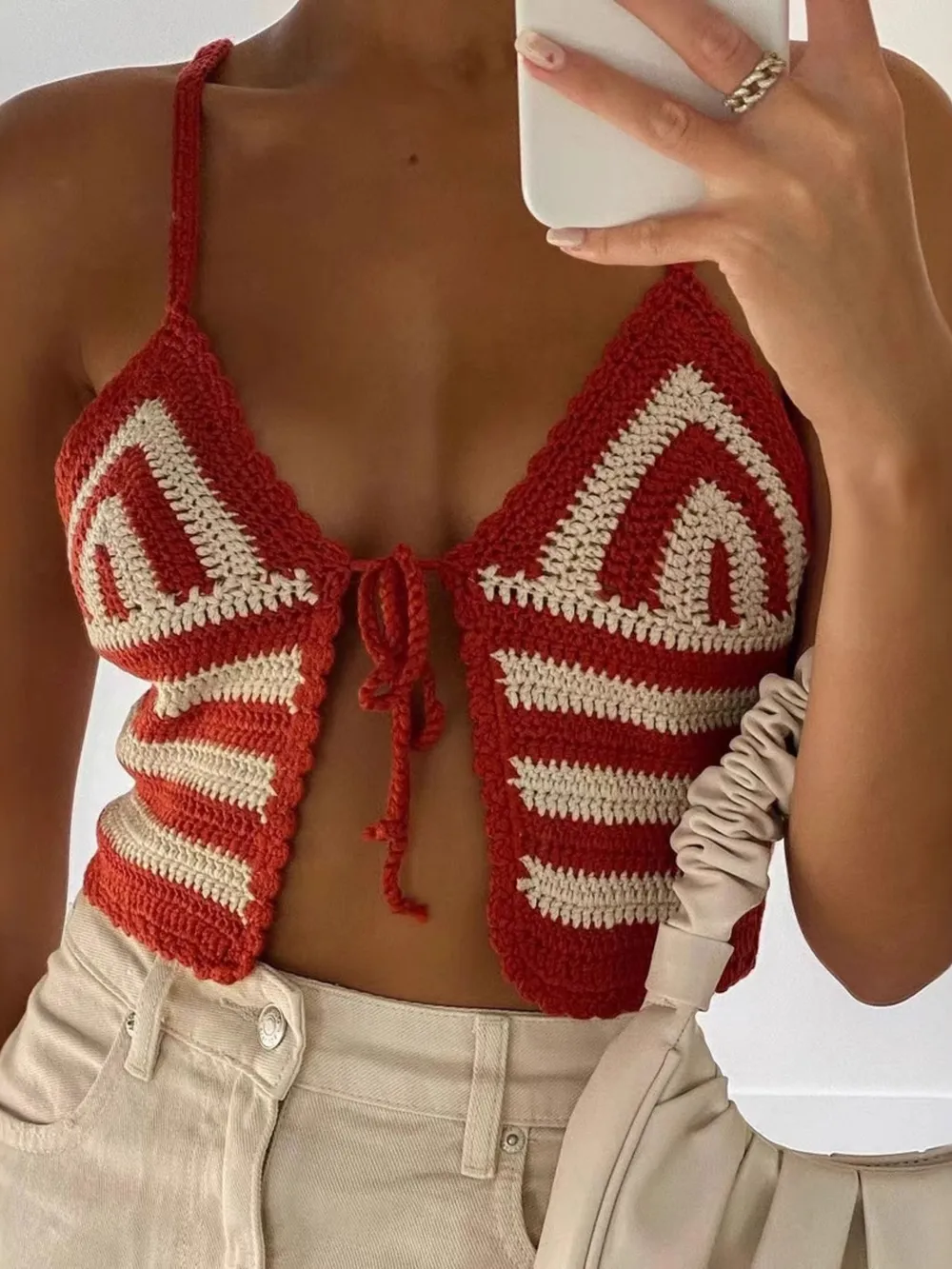 Crochet Tie Front Striped Knit Cami, image 4