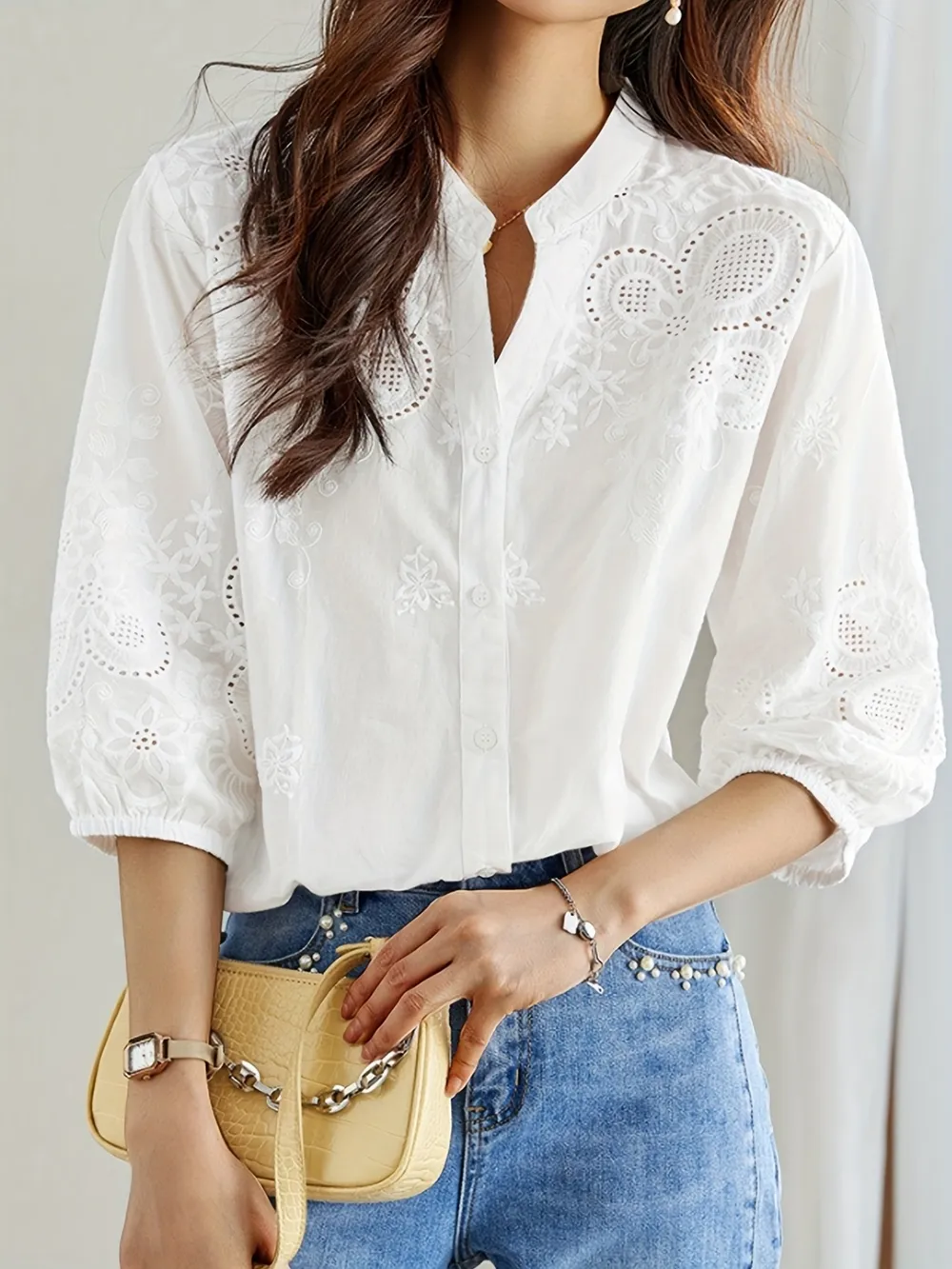 Embroidered Eyelet Button Up Shirt, image 4