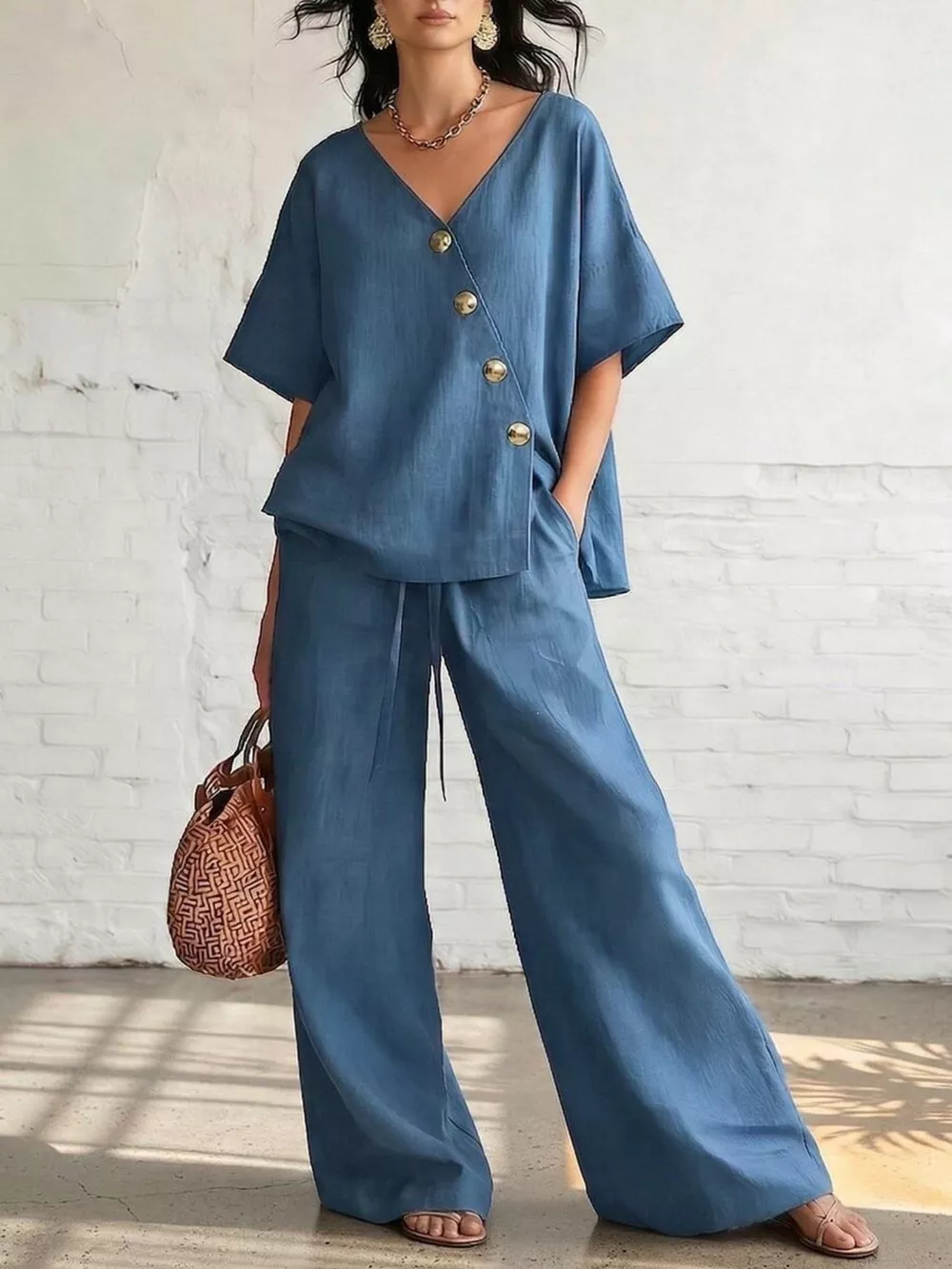 Full Size Surplice Half Sleeve Top and Wide-Leg Pants Set Plus Size, image 3