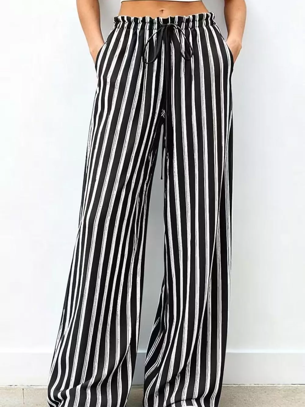 Striped Wide-Leg Drawstring Pants, image 2