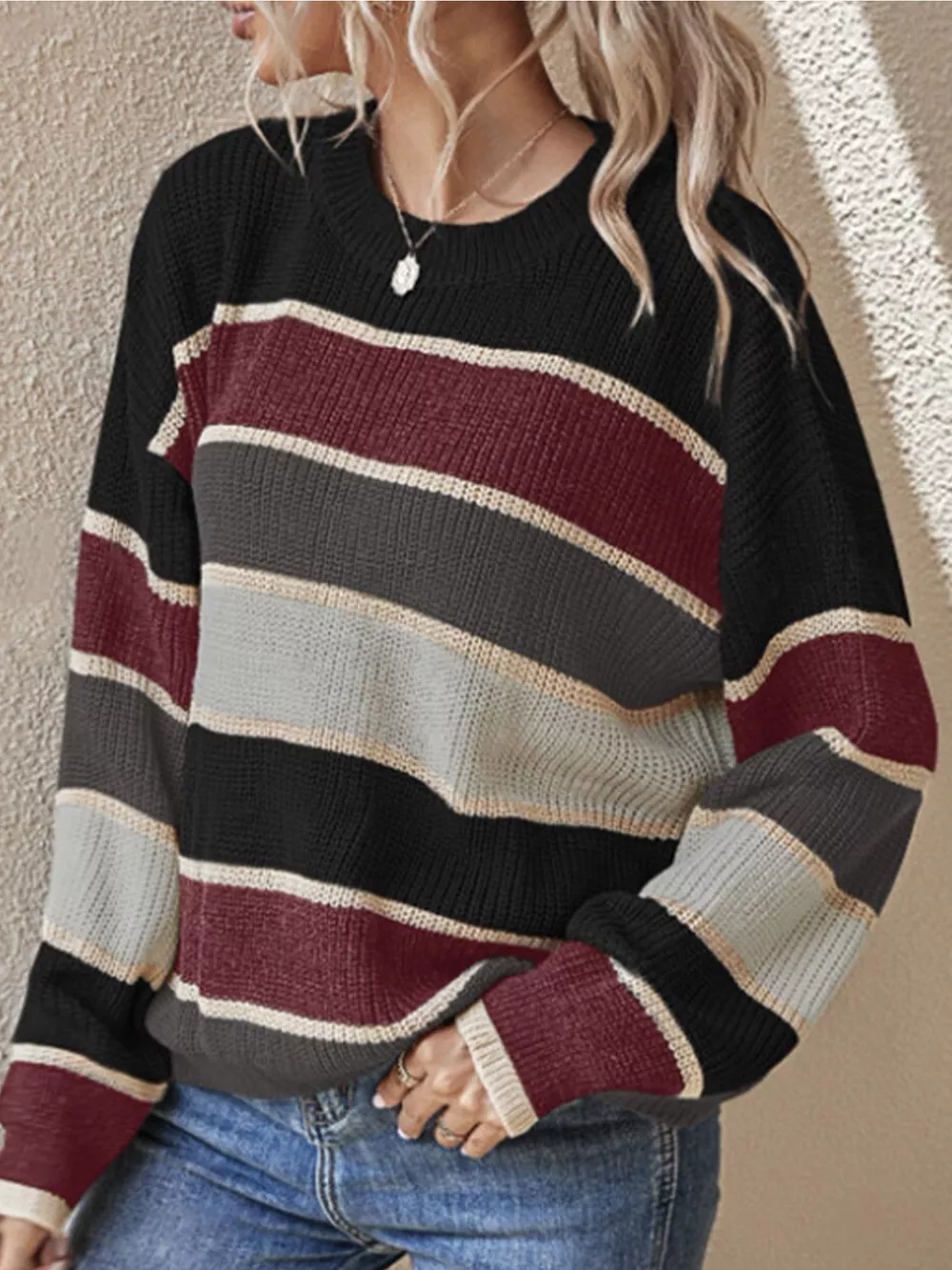 Color Block Striped Crew Neck Sweater, image 8