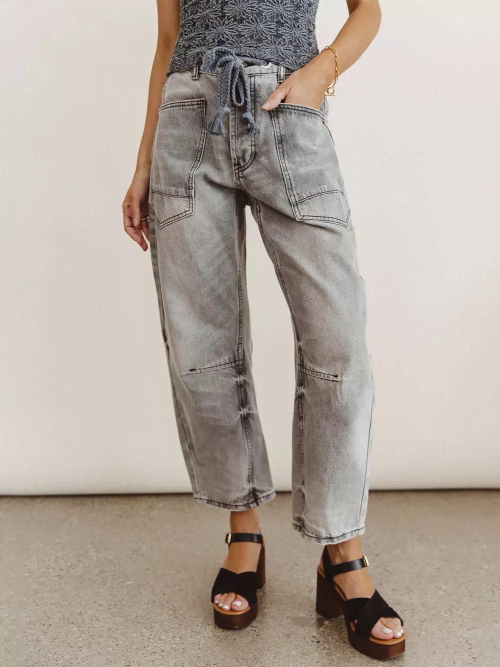 Drawstring Wide Leg Cropped Jeans