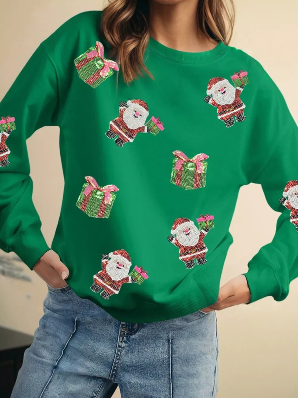 Santa Delivering Gifts Christmas Sequin Graphic Sweatshirt, image 4