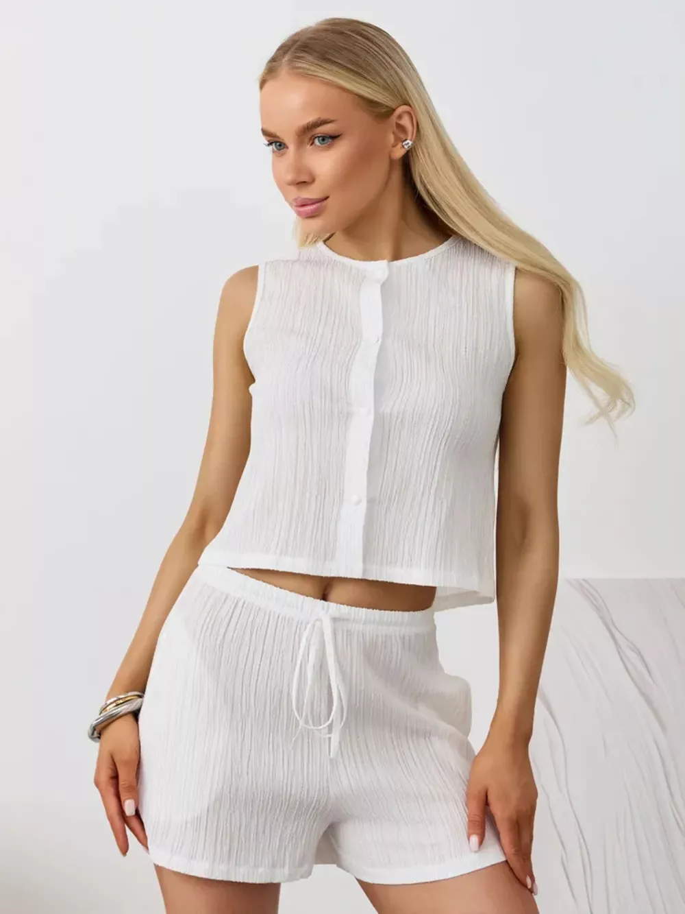 Textured Round Neck Tank and Shorts Set, image 5