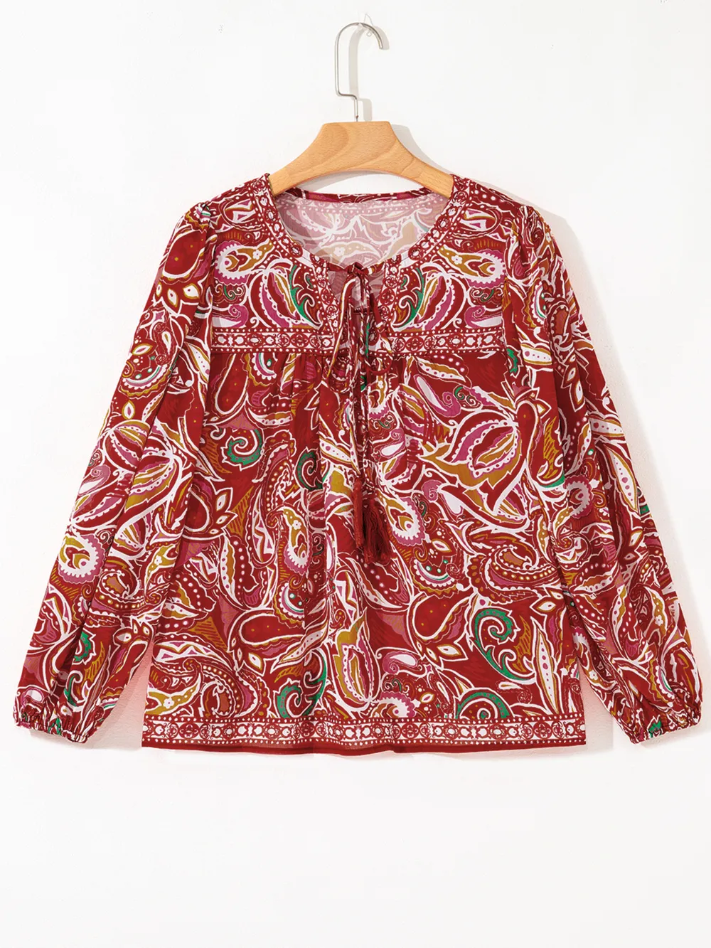 Multicolour Ethnic Paisley Print Tassel Tie Puff Sleeve Boho Blouse, image 10