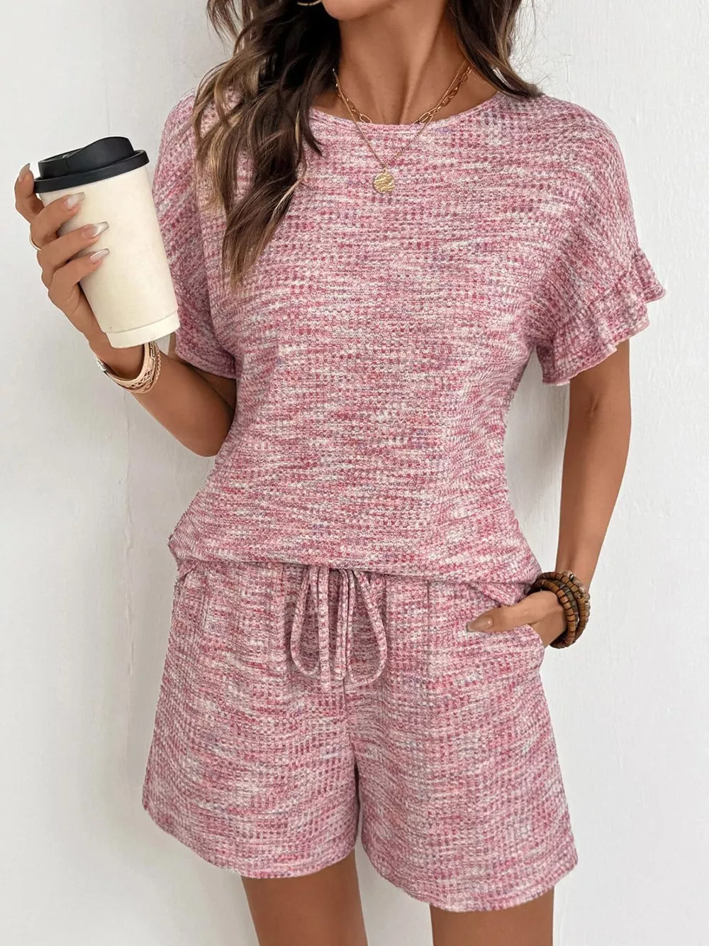 Ruffle Sleeve Textured Top and Shorts Set, image 2